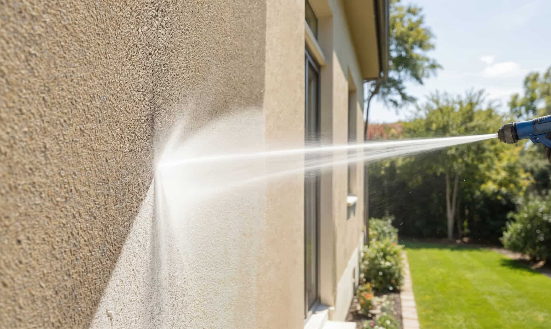 High pressure water jet cleaning textured exterior wall surface of house exterior. Efficient home maintenance removes dirt, grime with power washing technique. Residential property care, backyard