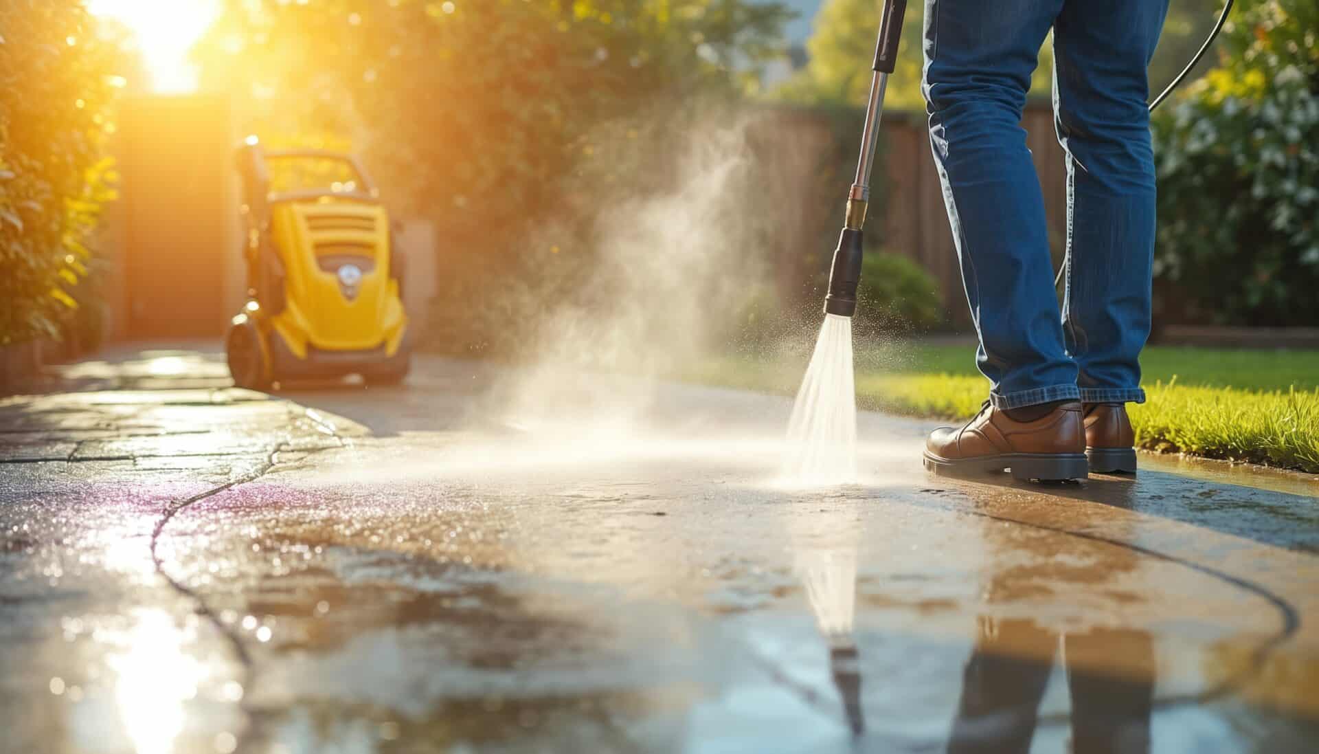 Man uses pressure washer to clean the concrete driveway outdoors. Power washing cleaning water spray from equipment. Cleaning maintenance work is done, in sunny day.