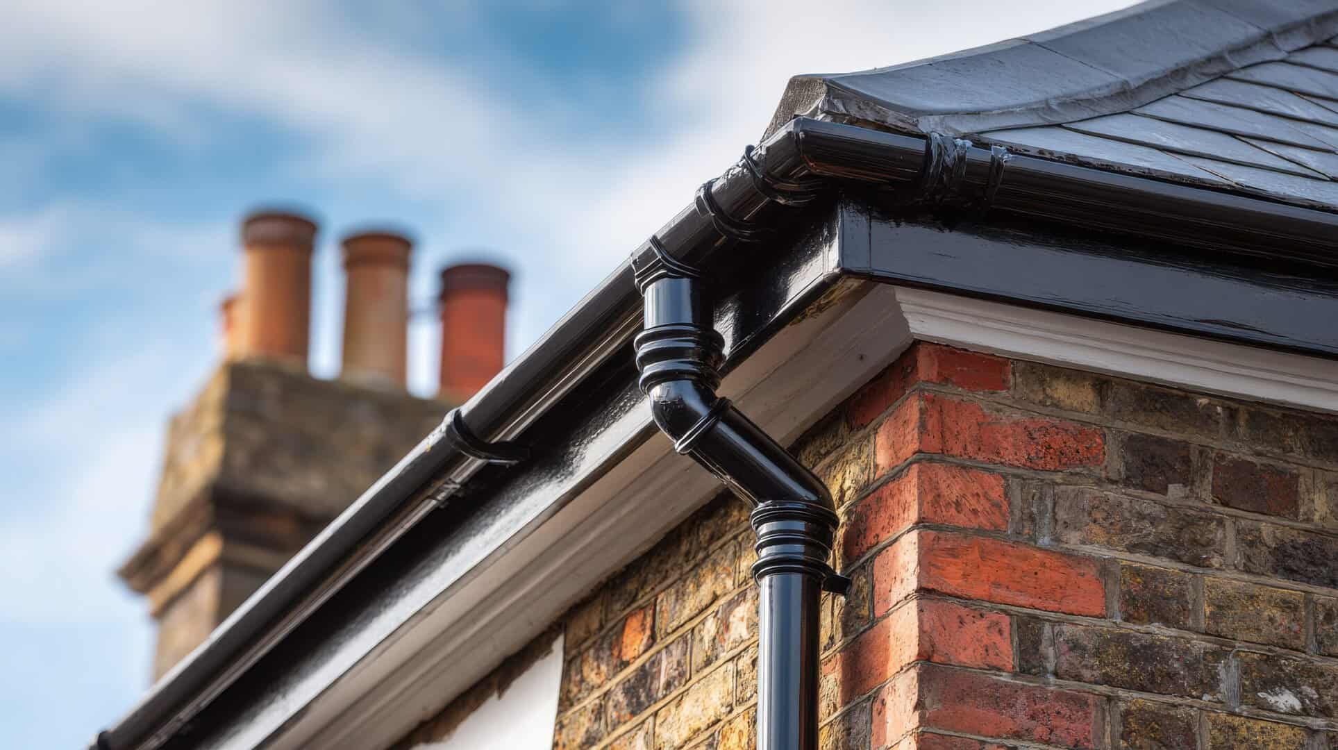 Black cast iron gutter and downpipe on a historic brick building roof. Ideal for architectural repairs and.